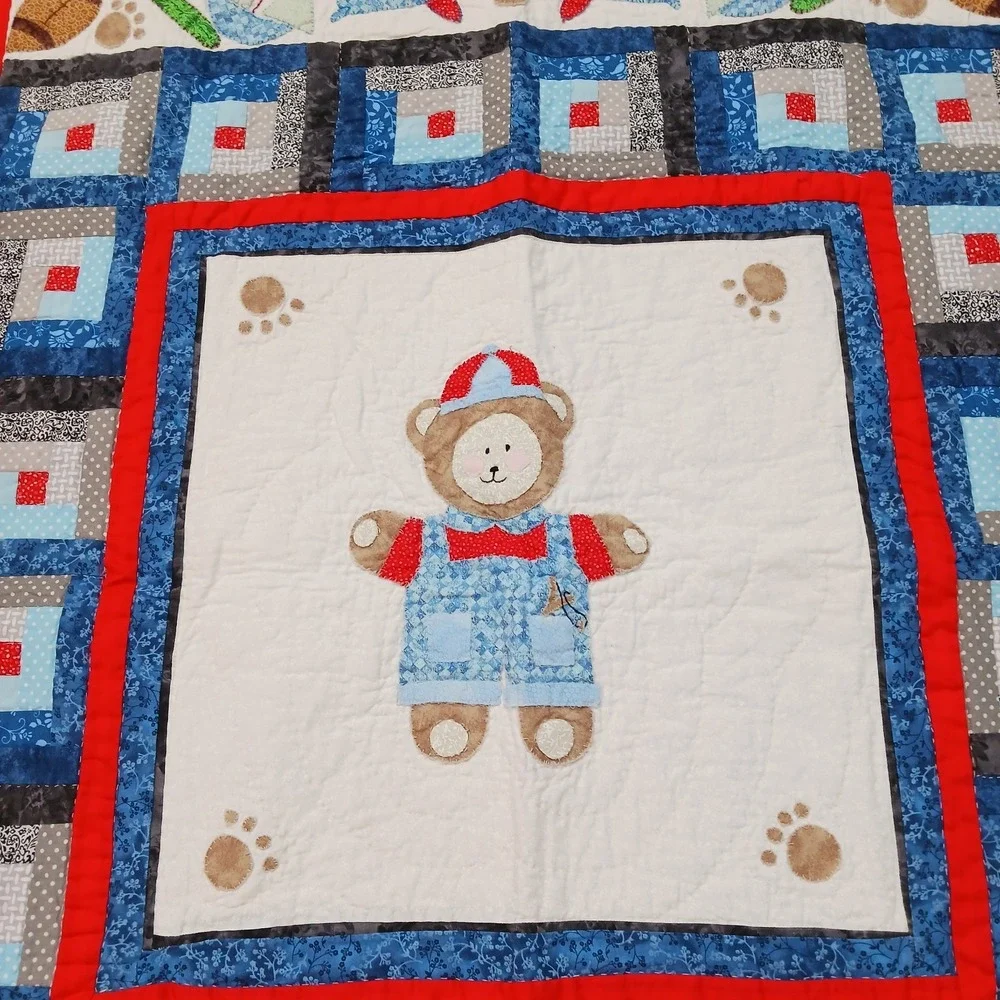 Handmade Baby Quilt Religious Bear Boy 44